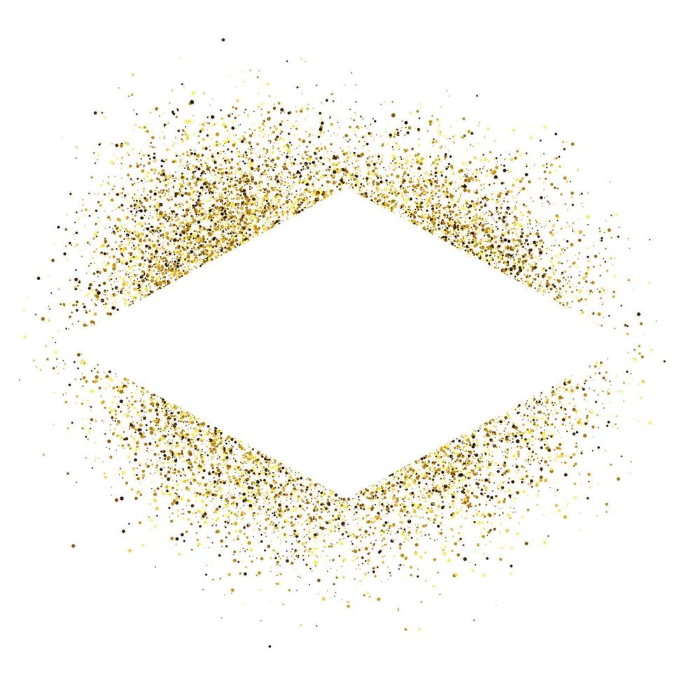 Greeting card with white rhombus frame on golden glitter background. Empty white background. Vector illustration.
