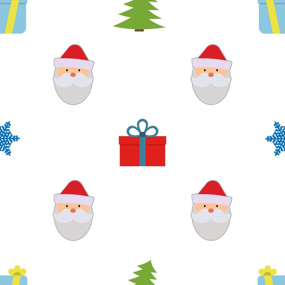 Christmas seamless pattern with Santa Claus, star, gift box and Christmas tree on white background. Vector illustration