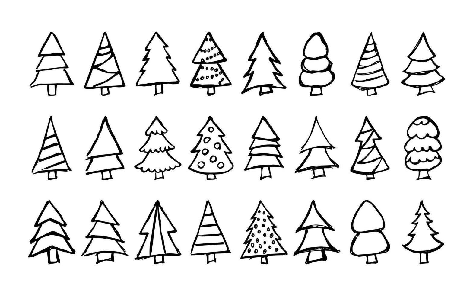Hand drawn Christmas trees. Set of sixteen monochrome sketched illustrations of firs. Winter holiday doodle elements. Vector illustration