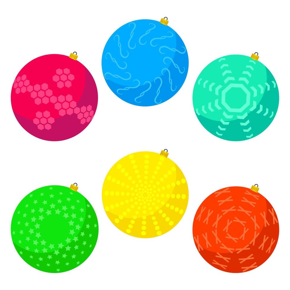 Six multi colored Christmas balls on a white background. Vector illustration.