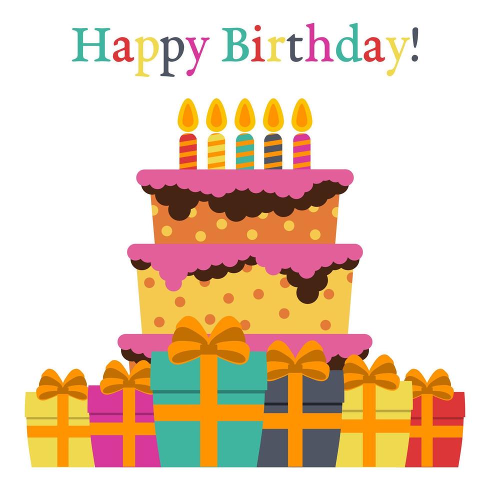 Greeting Card with Sweet Cake for Birthday Celebration. Vector ...