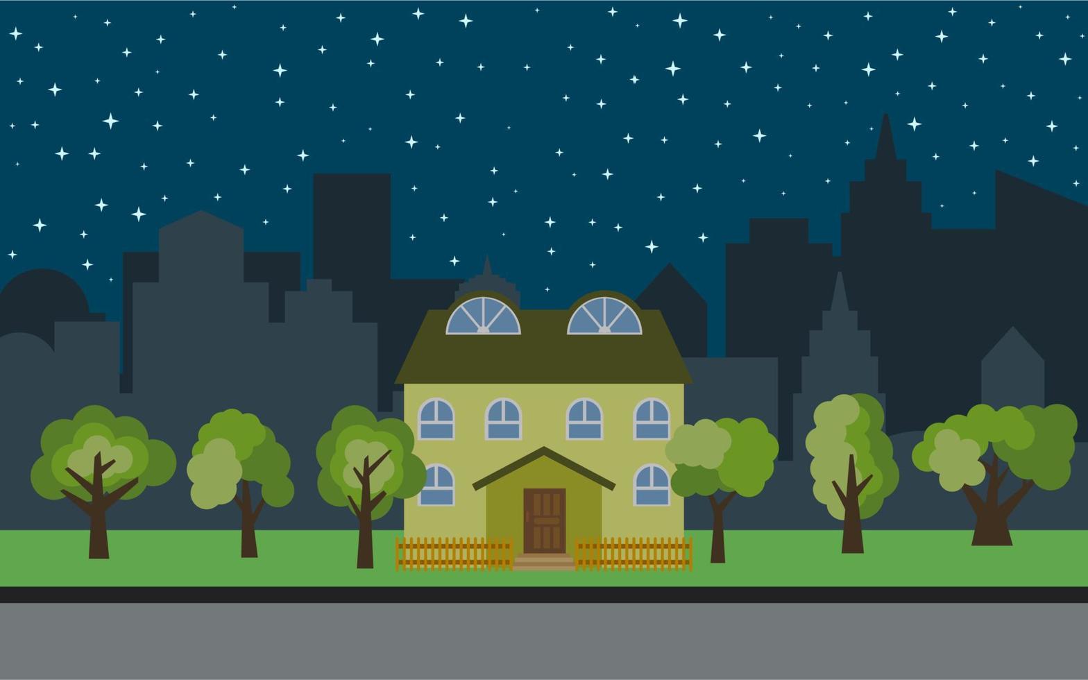 Vector city with two-story cartoon houses and green trees at night. Summer urban landscape. Street view with cityscape on a background