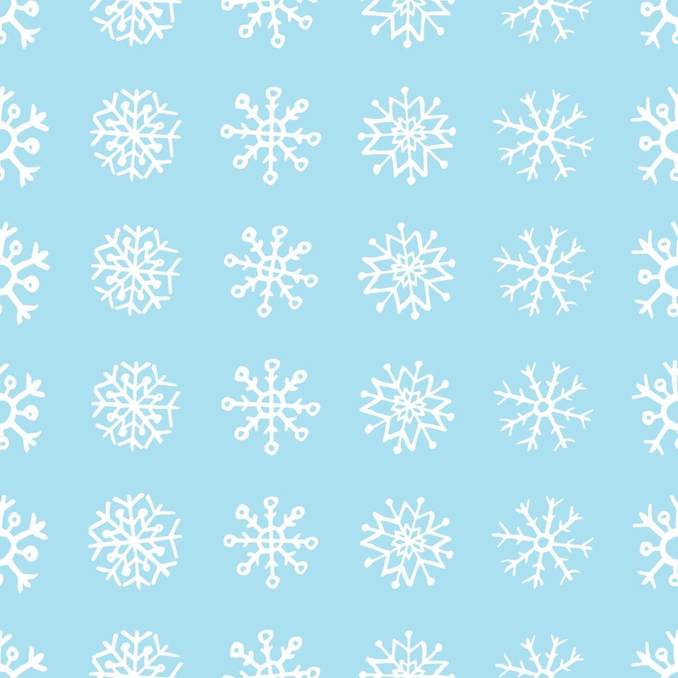 Seamless background of hand drawn snowflakes. White snowflakes on blue background. Christmas and New Year decoration elements. Vector illustration.