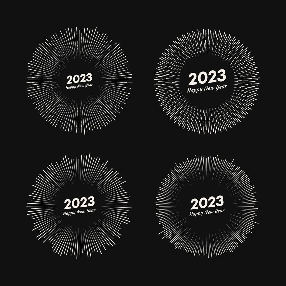 juego de cuatro fuegos artificiales con inscripción 2023 y feliz año nuevo. explosión con rayos de línea tarjeta de navidad aislada sobre fondo negro. ilustración vectorial vector