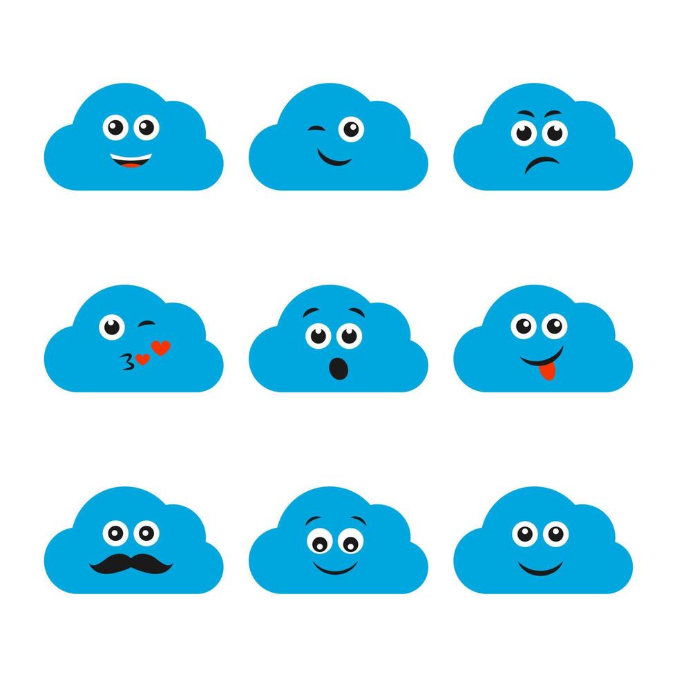 conjunto de nubes con sonrisas. nueve nubes azules con diferentes caritas sonrientes. ilustración vectorial vector