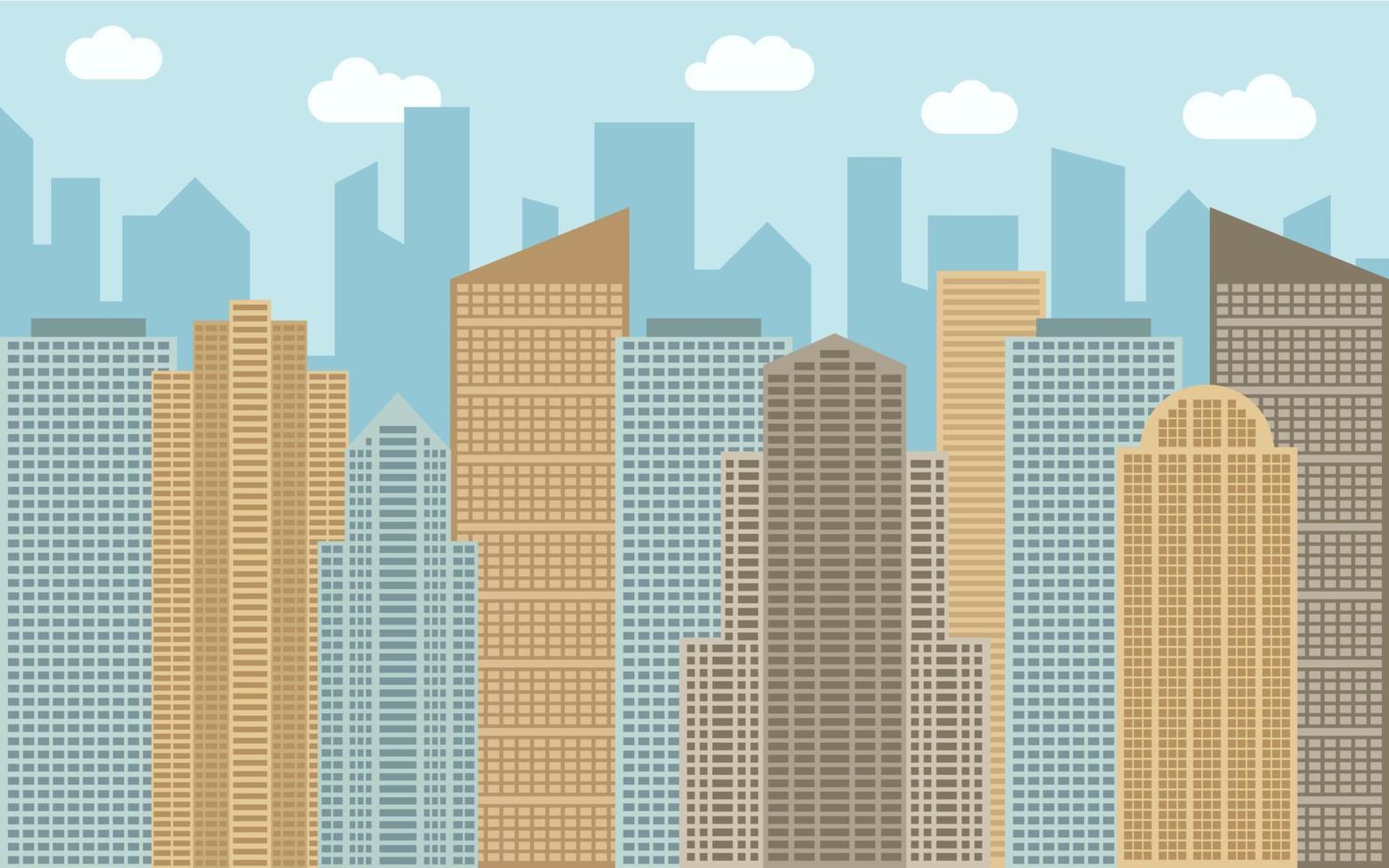 Vector urban landscape illustration. Street view with cityscape, skyscrapers and modern buildings at sunny day. City space in flat style background concept.