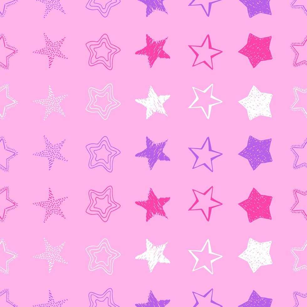Seamless background of doodle stars. Colorful hand drawn stars on pink background. Vector illustration