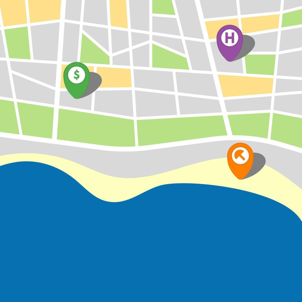 City map of an imaginary city with sea and three pins. Vector illustration.