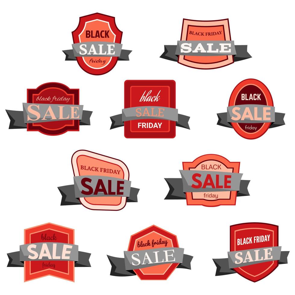 Set of ten black friday sale badges with black ribbon on a white background. Vector illustration