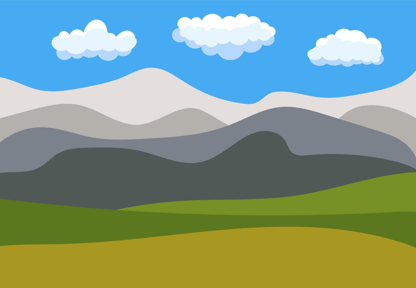 paisaje de caricatura natural al estilo plano con cielo azul, nubes, colinas y montañas. ilustración vectorial vector