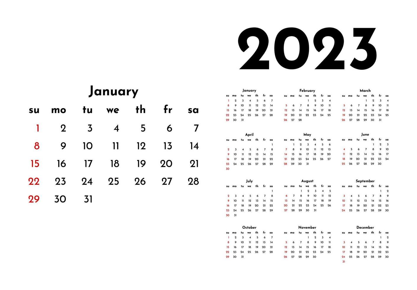 Calendar for 2023 isolated on a white background. Sunday to Monday, business template. Vector illustration