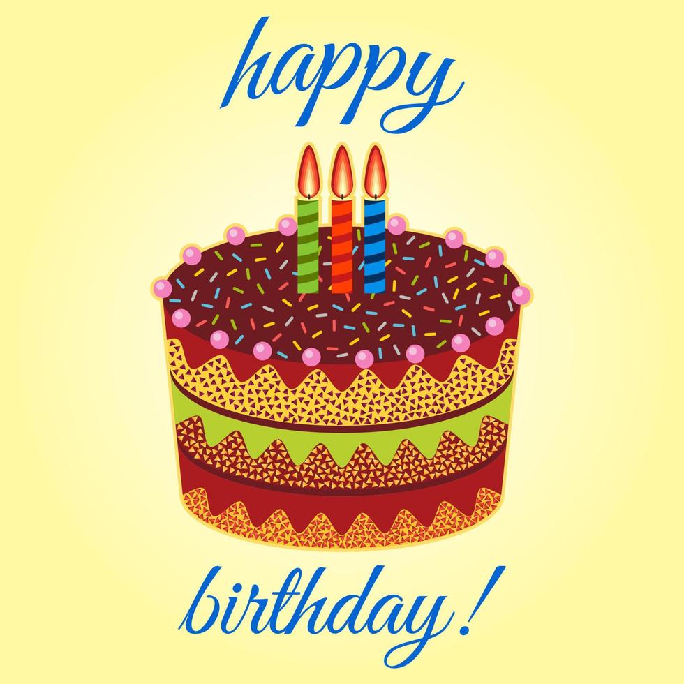 Sweet birthday cake with three burning candles. Colorful holiday dessert. Vector celebration background.