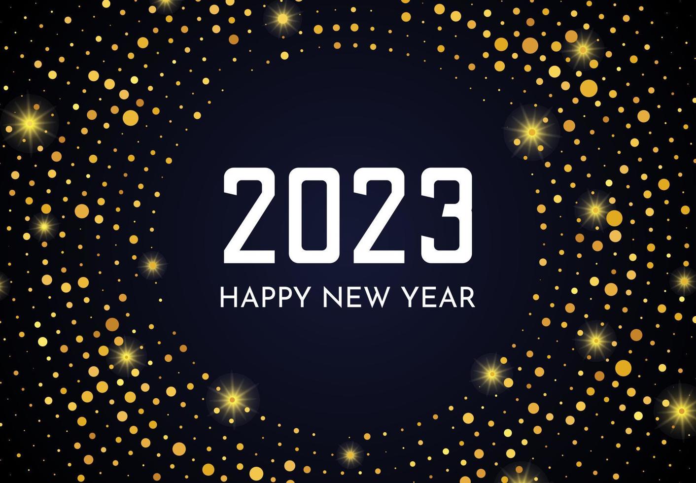 2023 Happy New Year of gold glitter pattern in circle form. Abstract gold glowing halftone dotted background for Christmas holiday greeting card on dark background. Vector illustration