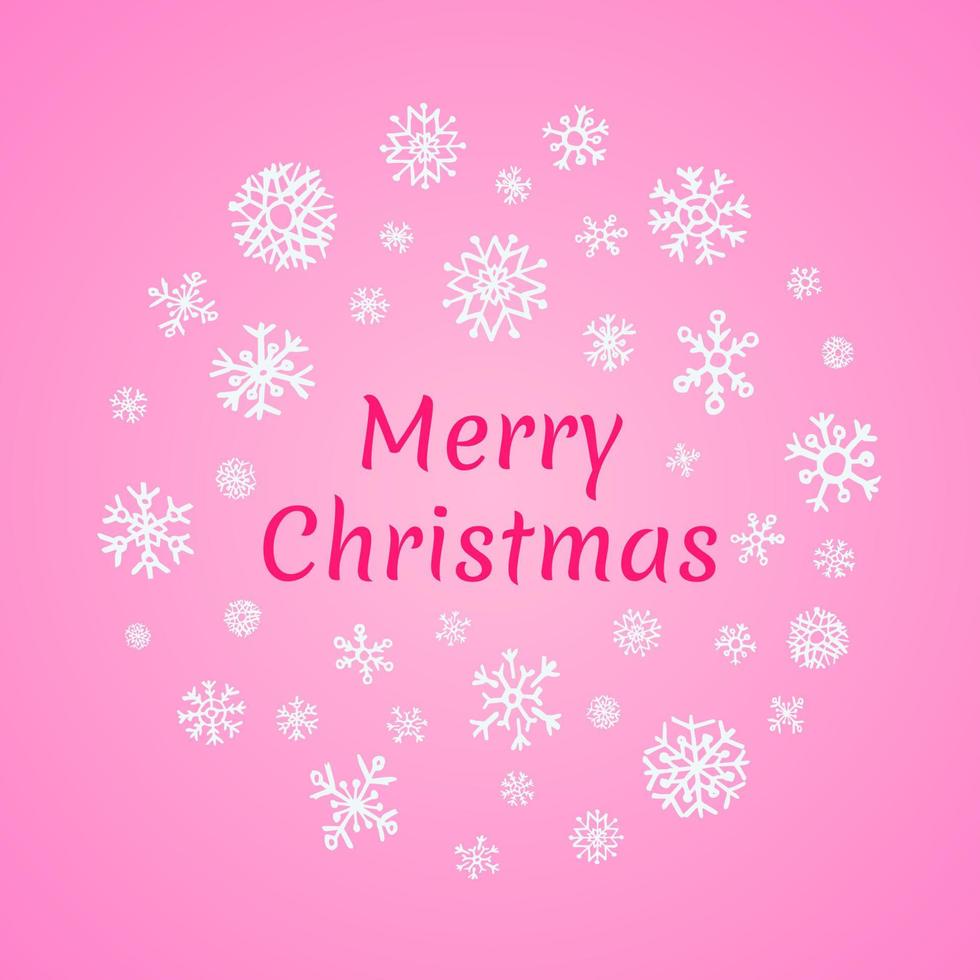 Christmas round banner with white snowflakes on pink background and inscription Merry Christmas. Vector illustration