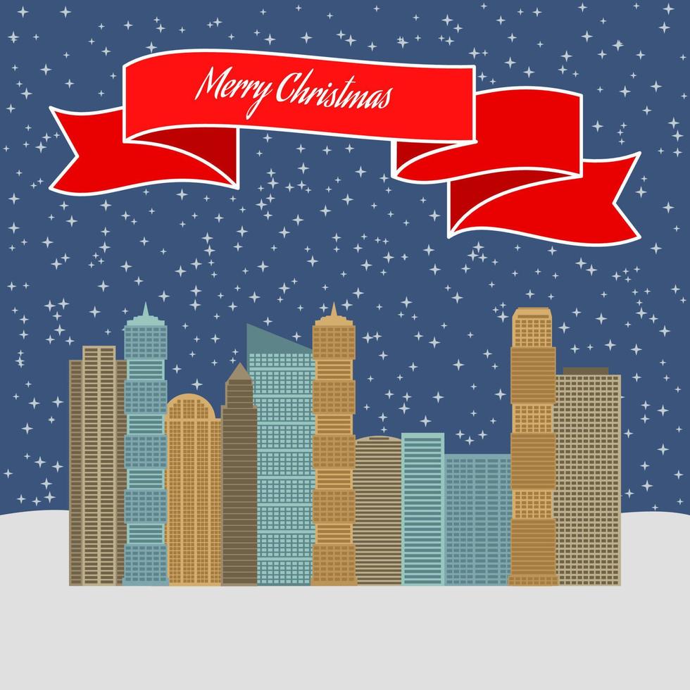 ciudad nocturna con cielo estelar y una cinta roja con la inscripción feliz navidad. ilustración vectorial vector