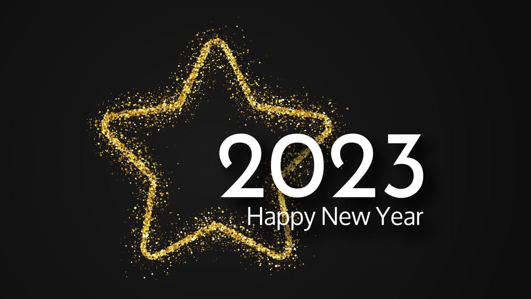 Fondo de feliz año nuevo 2023. inscripción blanca en una estrella dorada brillante para tarjetas de felicitación navideñas, volantes o carteles. ilustración vectorial vector