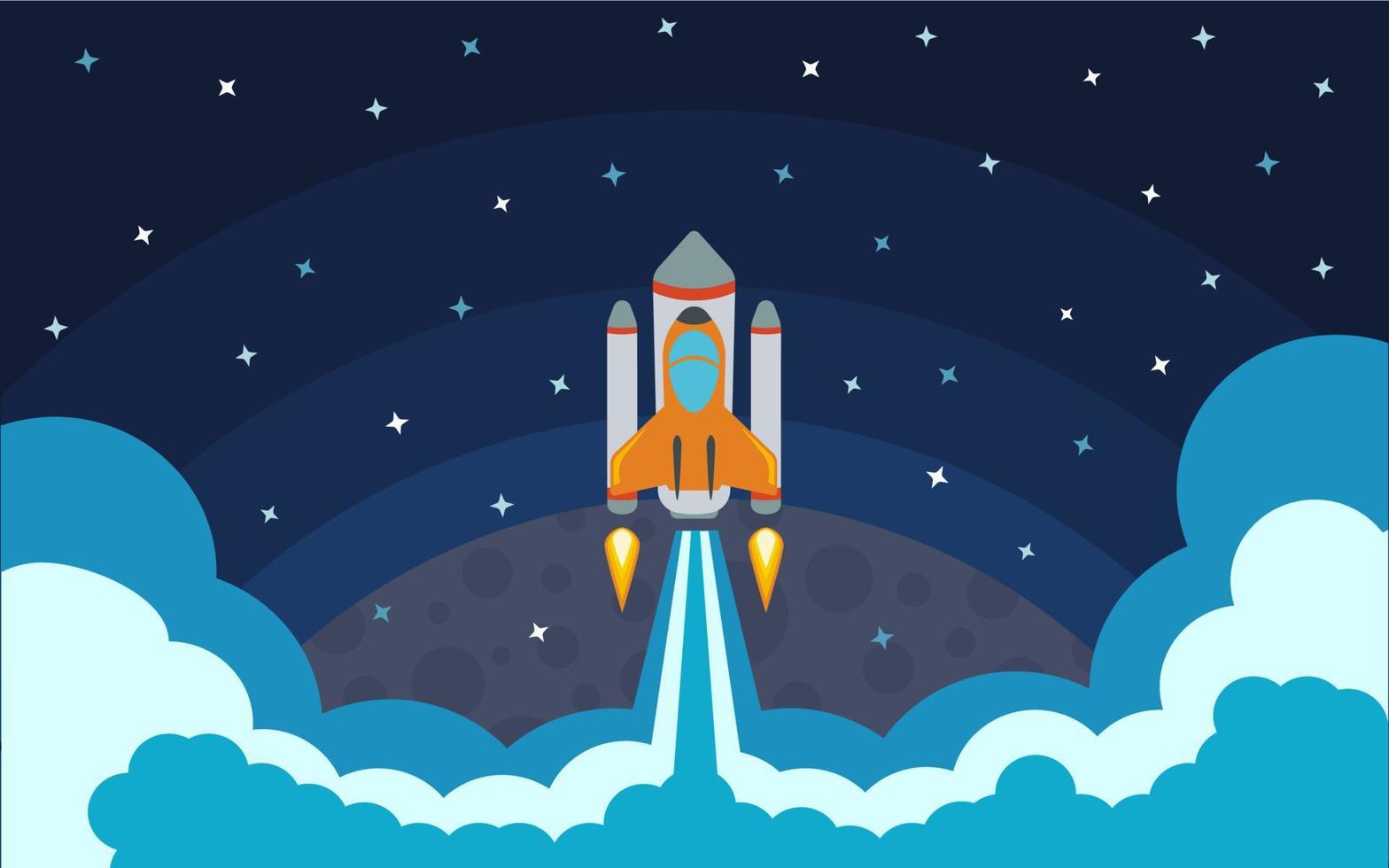The rocket is removed from the planet. The rocket in space. Space travel. Vector illustration with flying rocket.