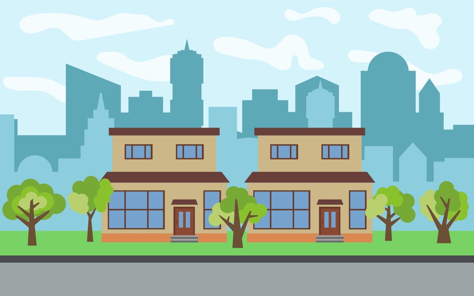 Vector city with two two-story cartoon houses and green trees in the sunny day. Summer urban landscape. Street view with cityscape on a background
