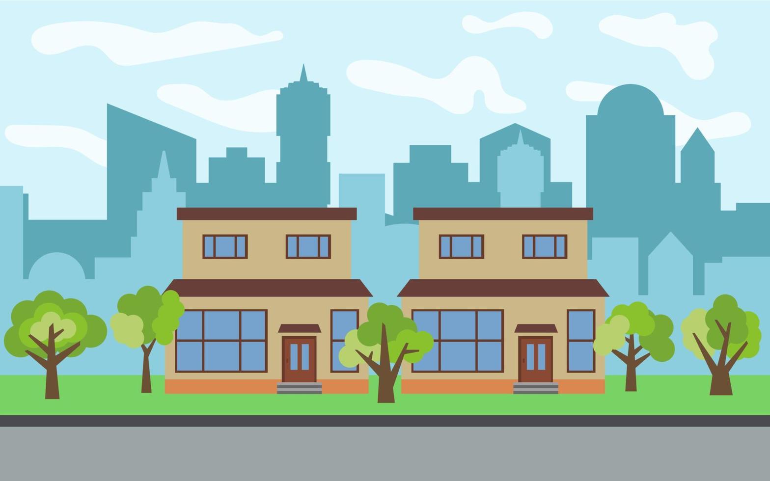 ciudad vectorial con dos casas de dibujos animados de dos pisos y árboles verdes en el día soleado. paisaje urbano de verano. vista de la calle con paisaje urbano en un fondo vector