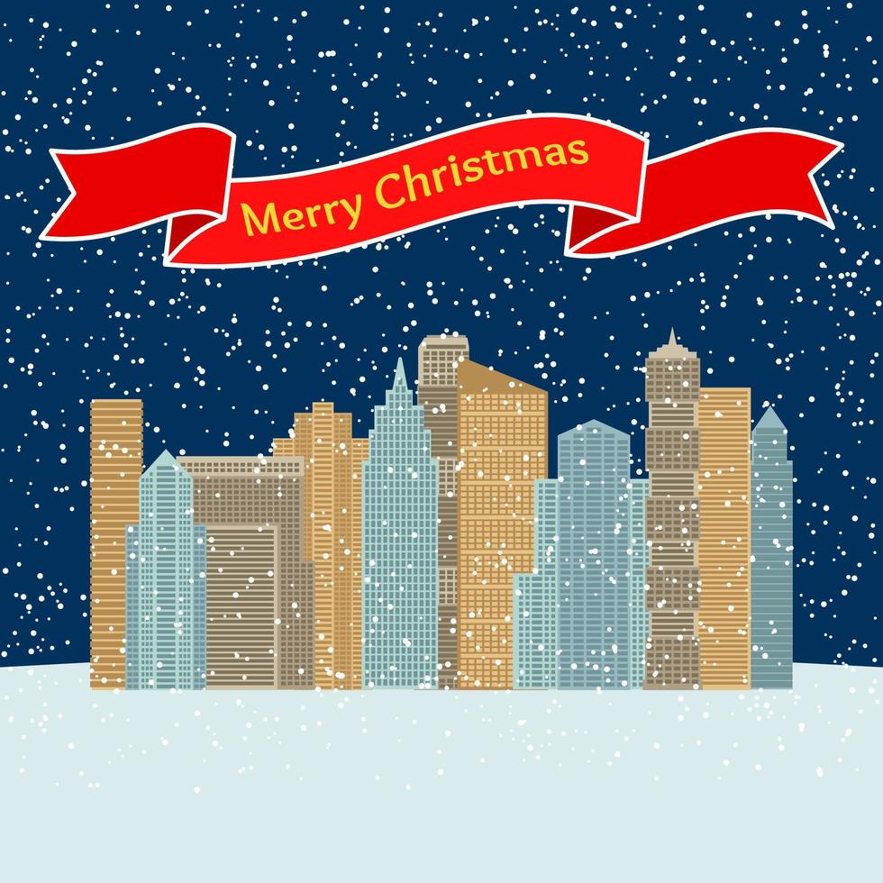 Night city with falling snow and a red ribbon with the inscription Happy Christmas. Vector illustration.