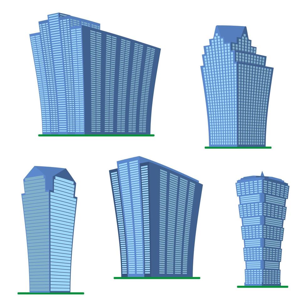 Set of five modern high-rise building on a white background. View of the building from the bottom. Isometric vector illustration.