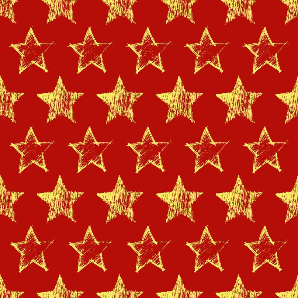 Seamless Pattern with hand drawn yellow Stars on red background. Abstract grunge texture. Vector illustration