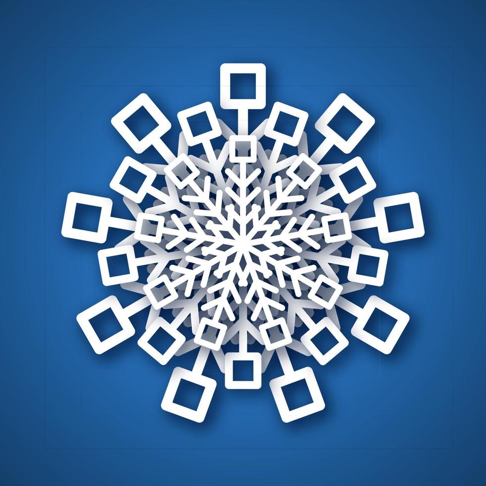 Paper cut snowflake. White snowflake on blue background. Christmas and New Year decoration elements. Vector illustration