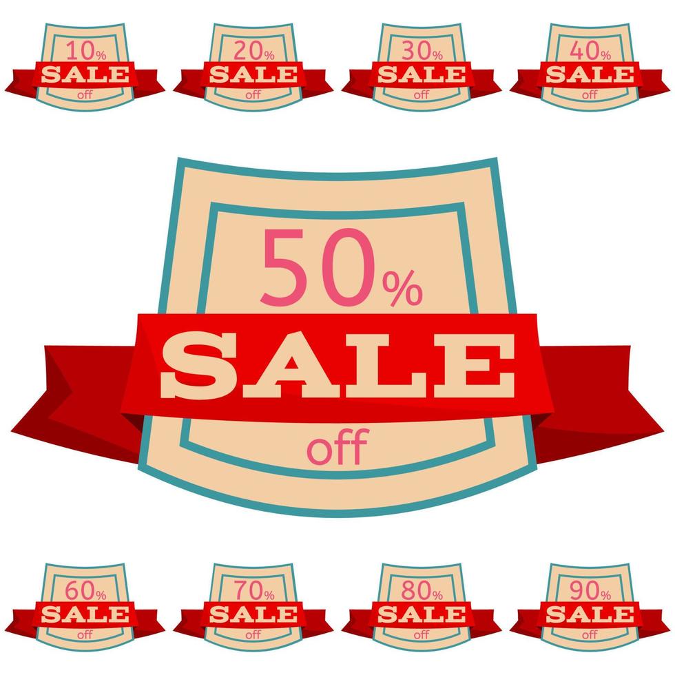 Set of discount stickers. Quadrangular badges with red ribbon for sale 10 - 90 percent off. Vector illustration.