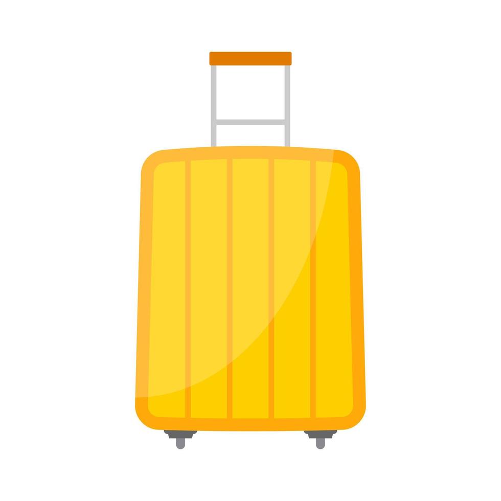 Yellow wheeled travel bag with luggage on white background. Suitcase for journey trip in flat style. Vector illustration