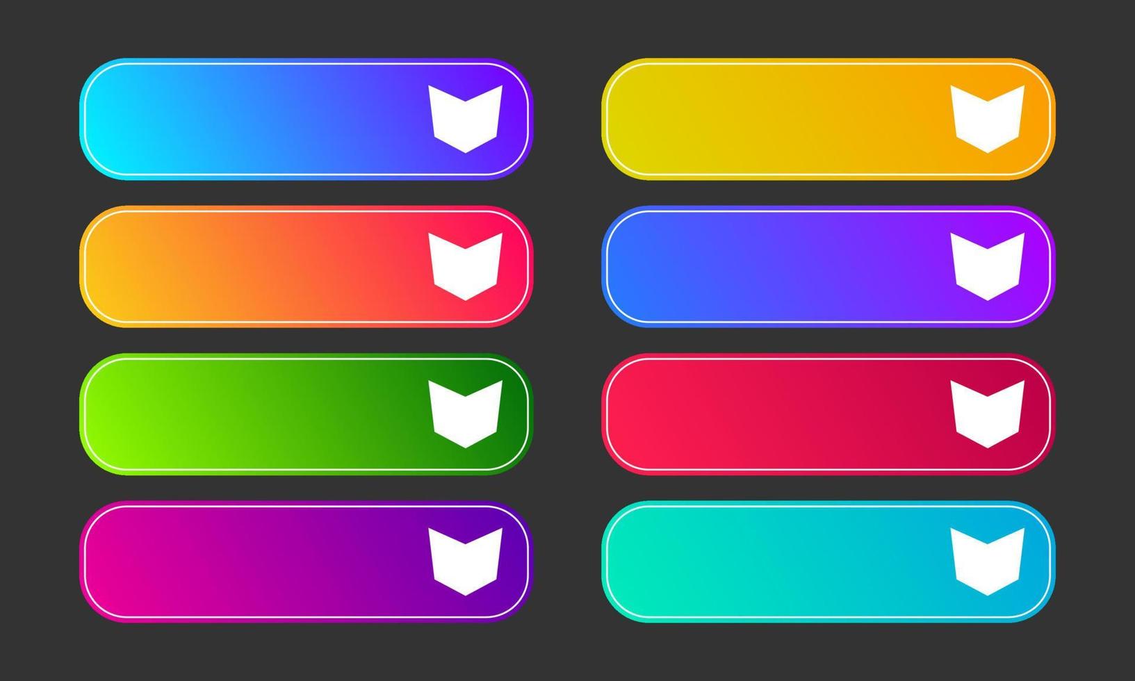 Colorful gradient buttons with arrows. Set of eight modern abstract web buttons. Vector illustration