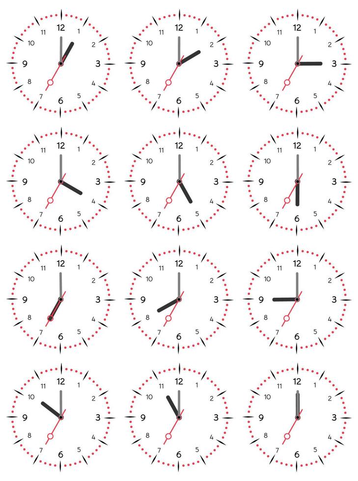 A set of mechanical clocks with an image of each of the twelve hours. Clock face on white background. vector