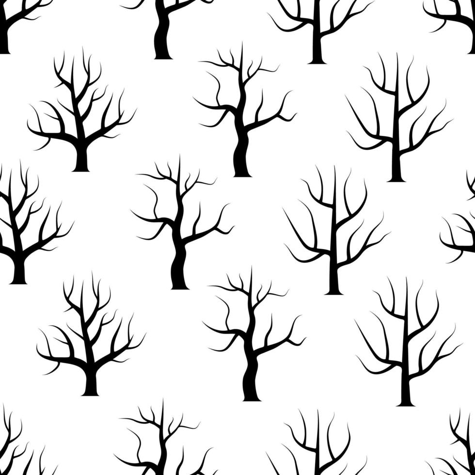 Seamless black and white curved trees without leaves backgrounds. Vector forest seamless texture.