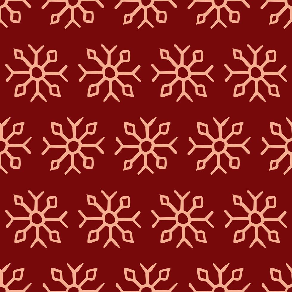 Seamless background of hand drawn snowflakes. White snowflakes on red background. Christmas and New Year decoration elements. Vector illustration.