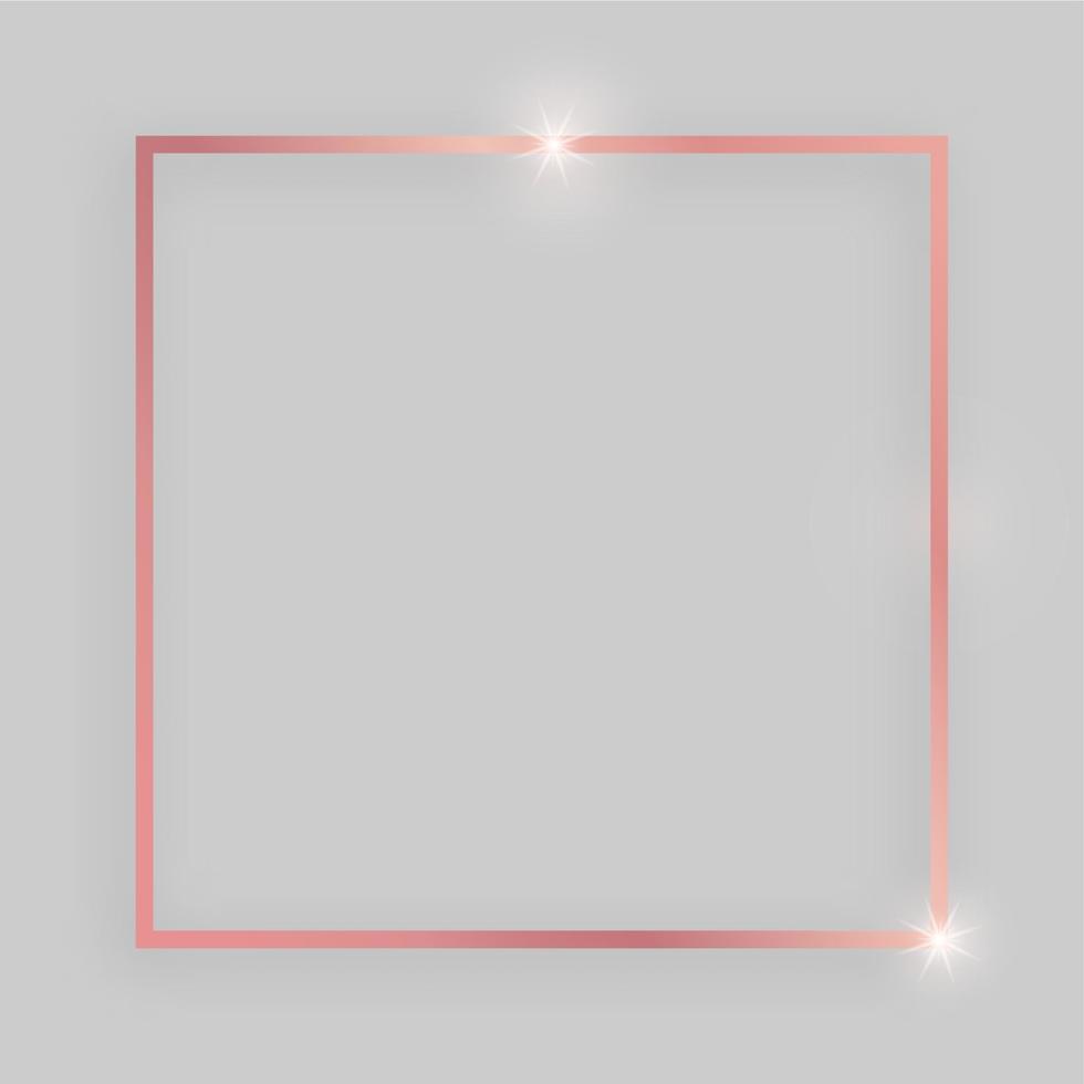 Shiny frame with glowing effects. Rose gold square frame with shadow on grey background. Vector illustration