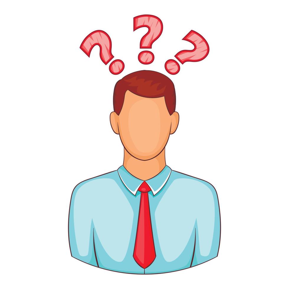 Man with question marks icon, cartoon style vector