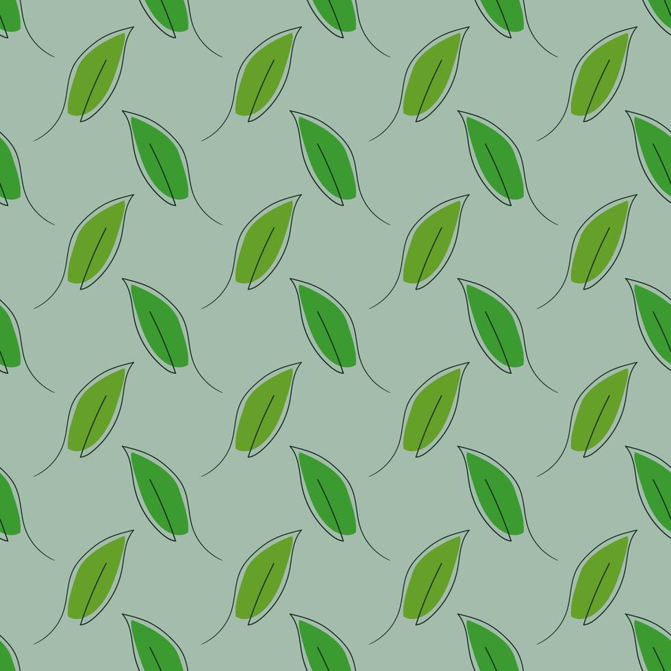 Seamless geometric pattern with green leaves on light blue background. Vector print for fabric background