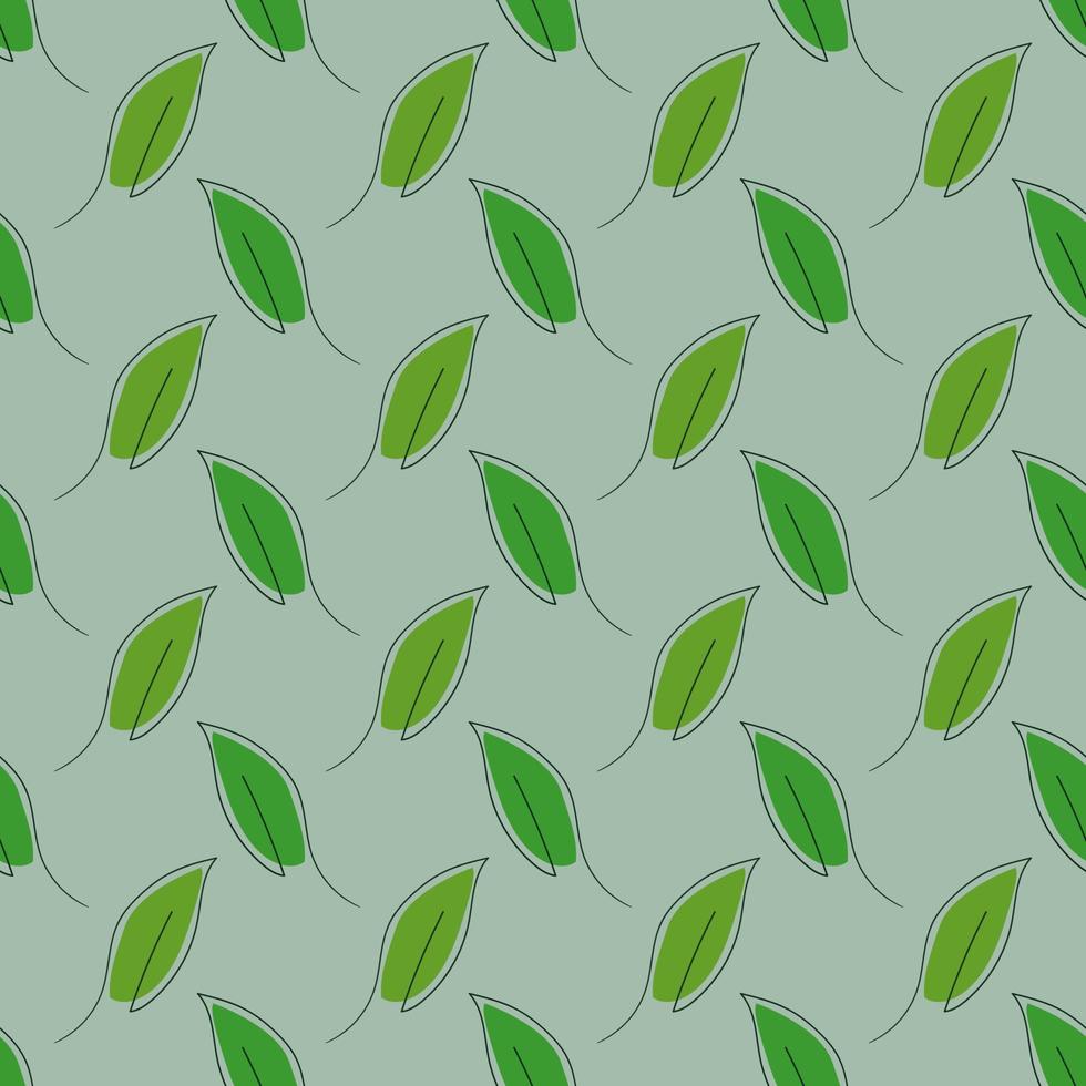 Seamless geometric pattern with green leaves on light blue background. Vector print for fabric background