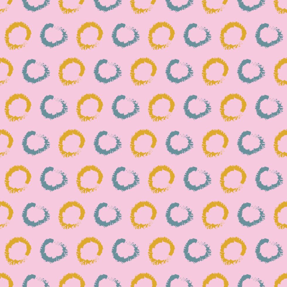 Brush geometric seamless pattern with blue and yellow circles. Vector background with hand drawn for fabric, textile