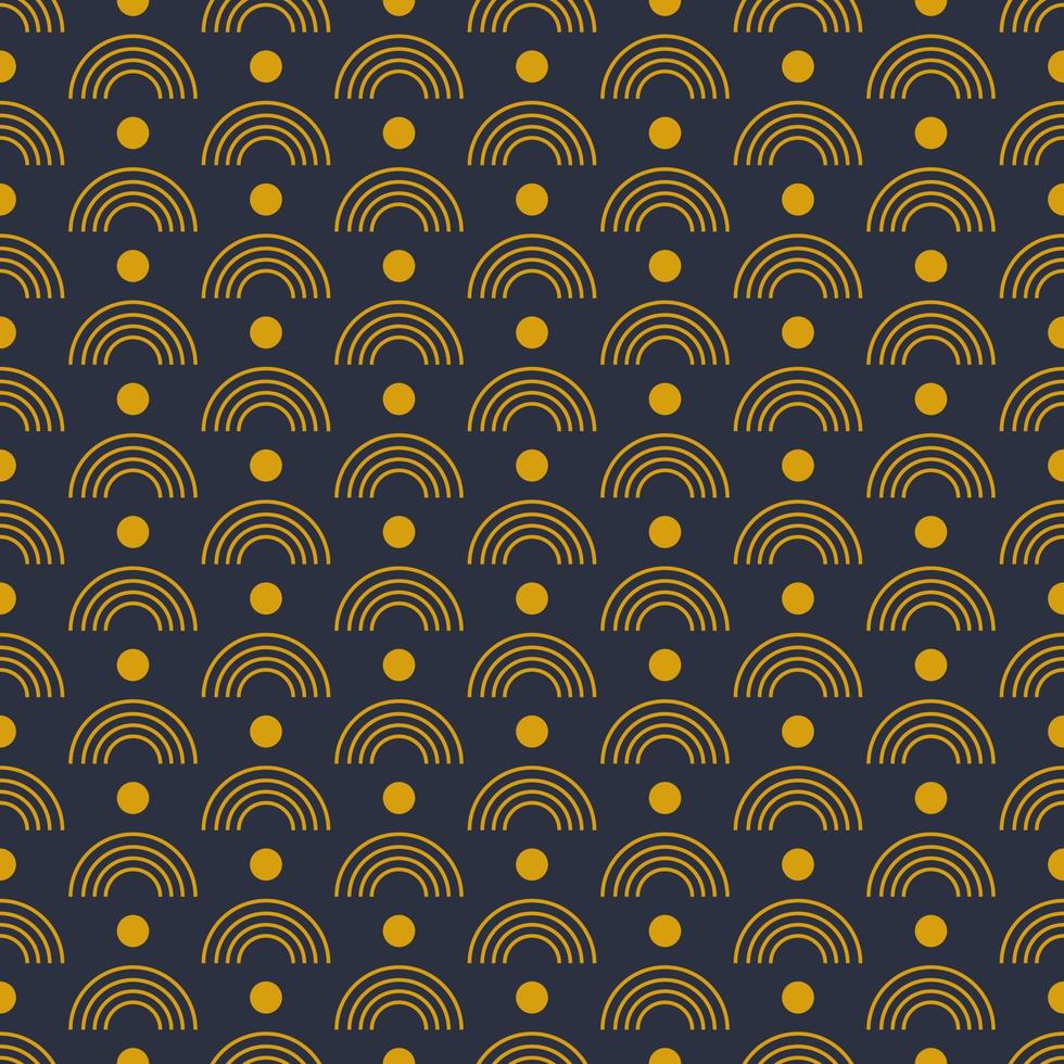 Seamless geometric pattern with golden symbols on dark blue background in art deco style. Vector print for fabric background