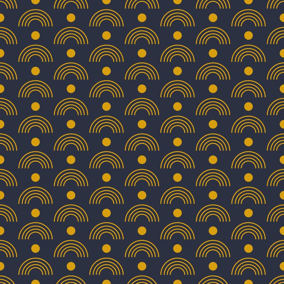 Seamless geometric pattern with golden symbols on dark blue background in art deco style. Vector print for fabric background