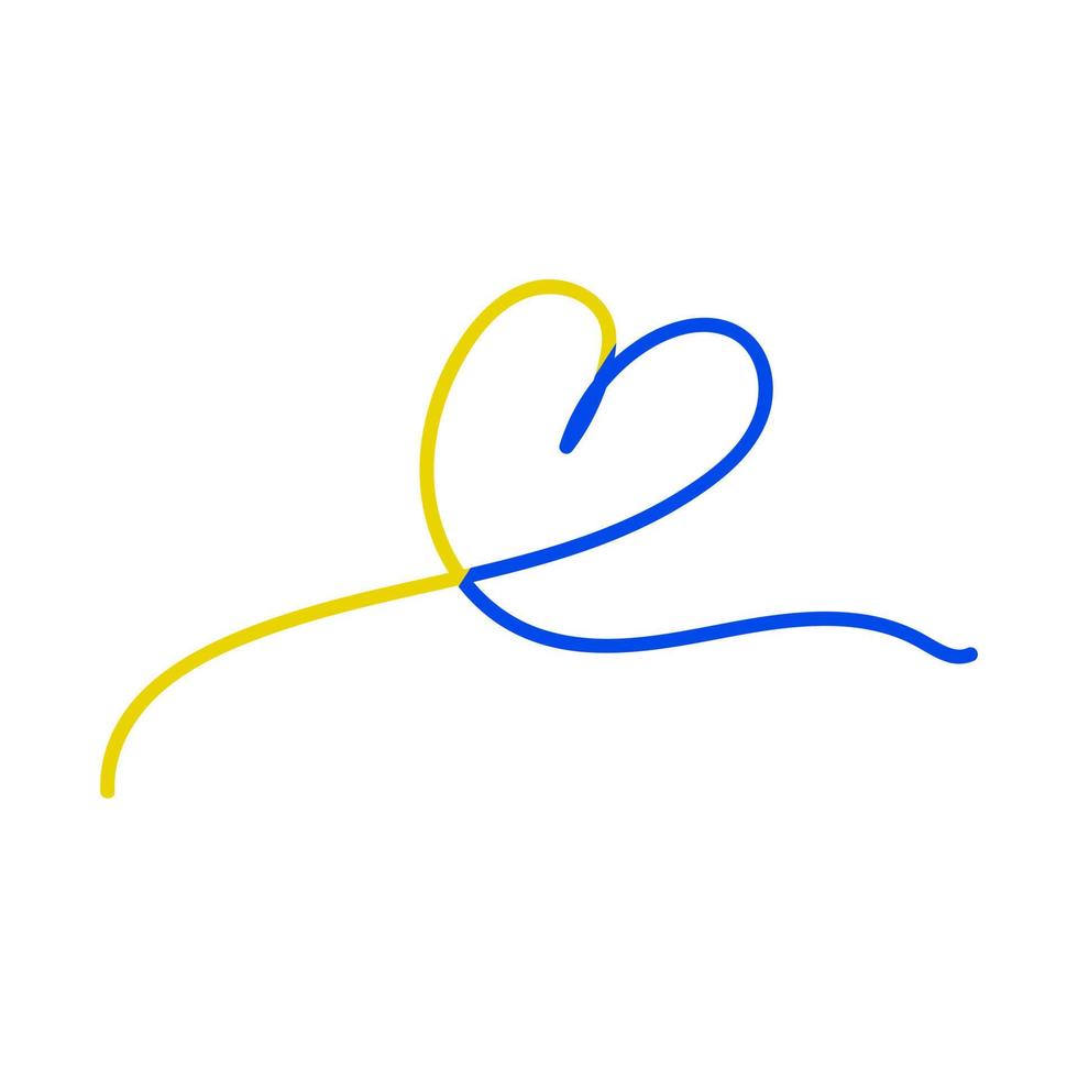 Heart one line art shape with Ukranian flag colors. Support Ukraine. Vector illustration.