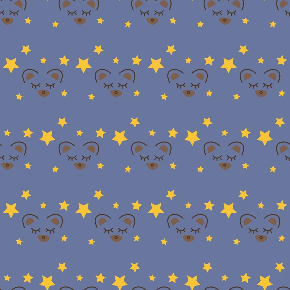 Seamless geometric pattern with bear face on blue background with stars in art cartoon style for kids. Vector print for fabric background