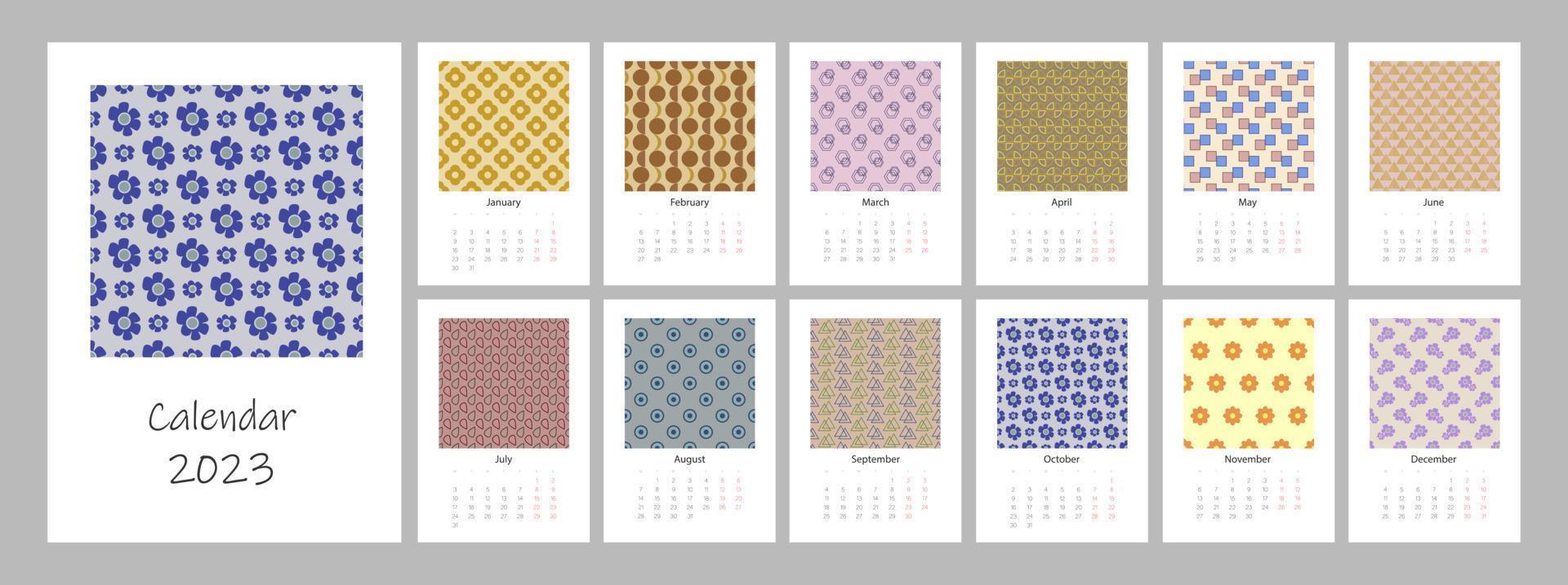 Calendar 2023 year template. Vertical design with geometric print. Editable illustration page template A4, A3, set of 12 months with cover. Vector mesh. Week starts on Monday.