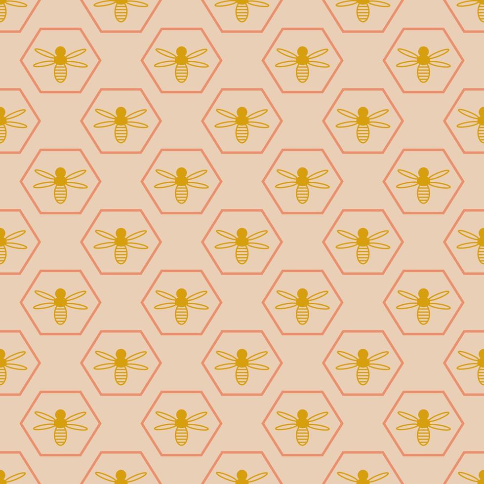 Seamless geometric pattern with golden bee on pink background in art deco style. Vector print for fabric background