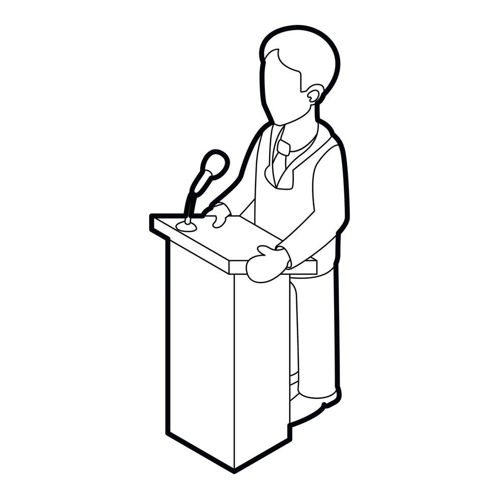Orator speaking from tribune, outline style vector