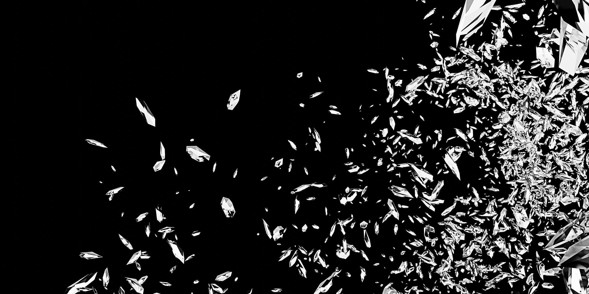 Broken glass shattered glass dust particles explosion fragments scattered background 3D illustration photo