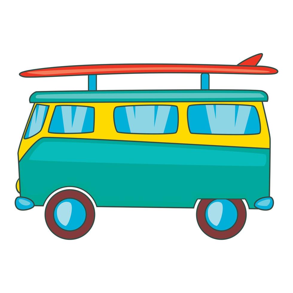 Bus with surfboard icon, cartoon style vector