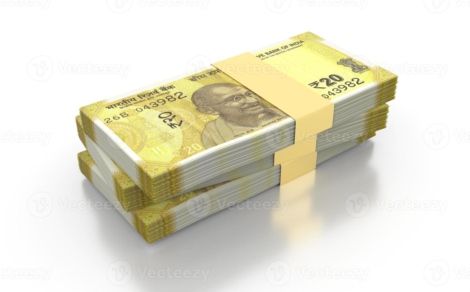 Indian Rupee 20 Currency Note Bundles isolated on White Background - 3D Illustration photo