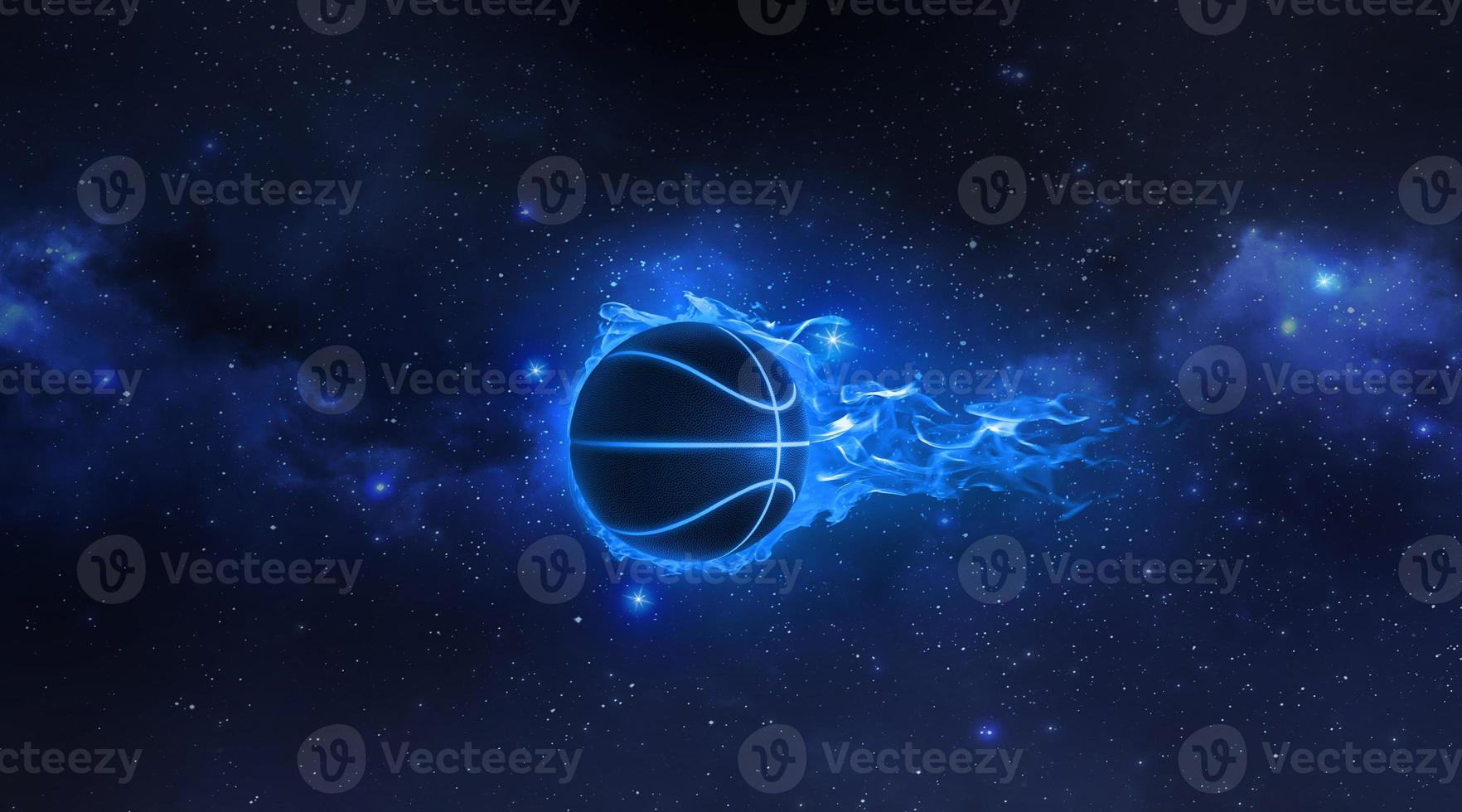 Basketball on light blue flames floating in the Planet view from space. 3d render photo