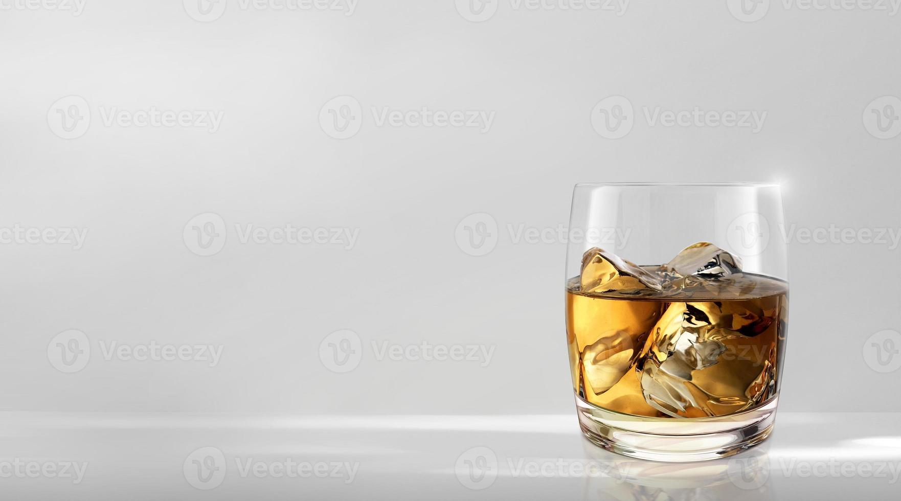 vaso de whisky en el suelo de la habitación blanca. renderizado 3d foto